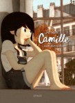 Illustration d'un personnage animé nommé Camille, assise sur une fenêtre avec un appareil photo, dans un environnement urbain lumineux.
