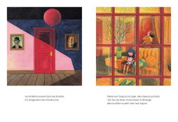 Une peinture représentant une porte rouge avec un cercle rouge au-dessus, le mur décoré de tableaux, sur la gauche.