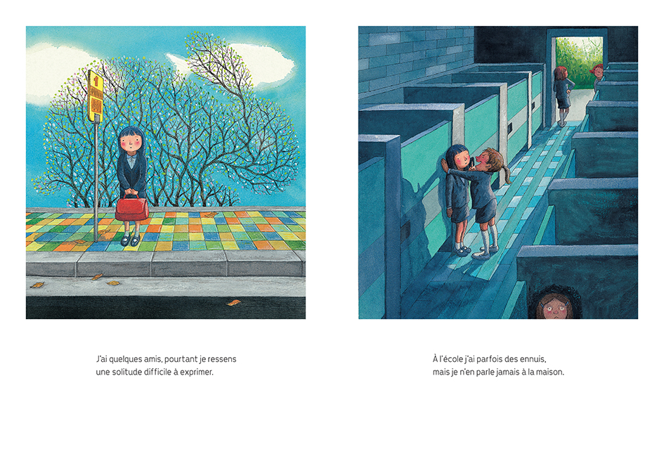 Illustration d'une fille attendant à un arrêt de bus, réfléchissant à sa solitude, avec un arbre au fond et un sol coloré.