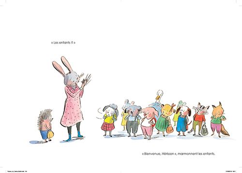 Une lapine enseignant à un groupe d'animaux enfants rassemblés, avec des expressions joyeuses et des vêtements colorés.