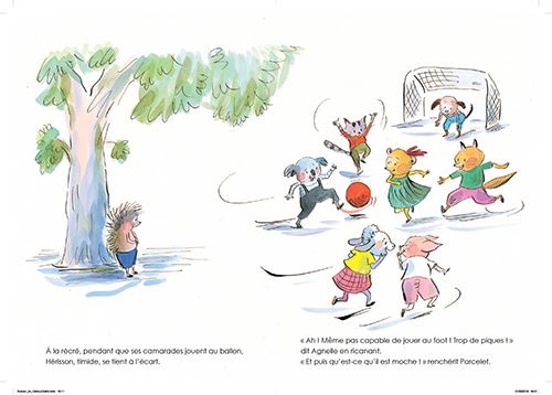 Une scène illustrée où plusieurs enfants jouent au ballon dans un parc, tandis qu'un personnage timide se cache derrière un arbre.
