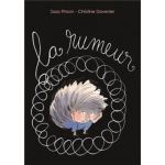 Couverture du livre 'La rumeur' avec un personnage au centre entouré de spirales, sur fond noir.