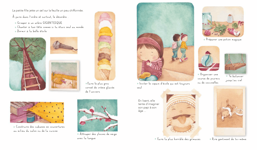 Illustration colorée d'une petite fille réfléchissant à des activités amusantes, comme grimper dans un arbre, préparer une potion magique, et inviter un ami.