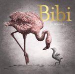 Illustration d'un flamant rose adulte interagissant avec un flamant rose juvénile, avec le mot 'Bibi' en doré en haut.
