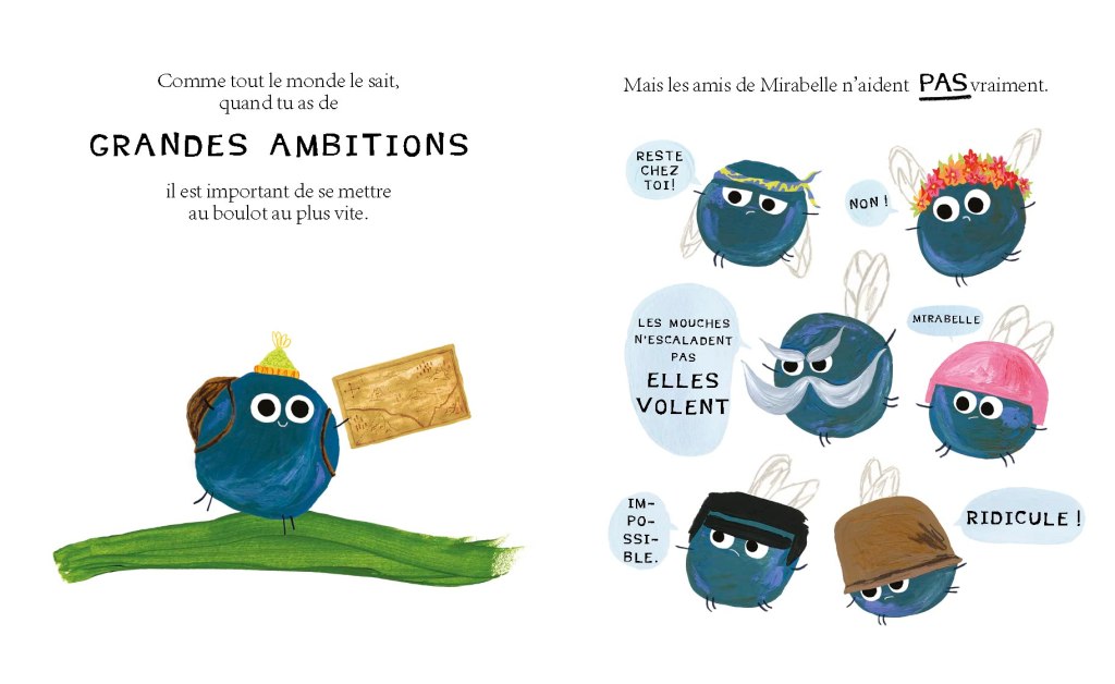 Une illustration colorée montrant des mouches avec divers chapeaux et expressions faciales, discutant des ambitions de Mirabelle, avec des dialogues humoristiques sur la difficulté de se concentrer sur le travail.