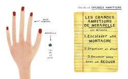 Une main féminine avec des ongles vernis en rouge à côté d'une liste manuscrite intitulée 'Les grandes ambitions de Mirabelle', comprenant trois points : escalader une montagne, organiser une fête, et devenir amie avec un requin.