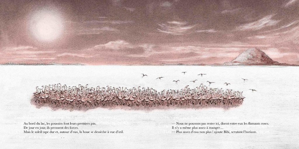 Des flamants roses se regroupent au bord d'un lac, avec un soleil couchant en arrière-plan et une montagne au loin.