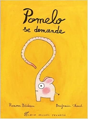 Couverture du livre 'Pomelo se demande' avec un éléphant rose aux grandes oreilles sur fond jaune.