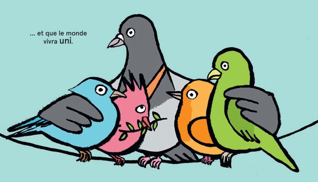 Quatre oiseaux colorés perchés sur une branche, représentant l'harmonie et l'unité, avec le texte "... et que le monde vivra uni."