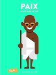 Illustration d'une figure représentant un homme souriant enroulé dans un drap blanc, tenant une canne, sur un fond turquoise avec le texte 'PAIX ET LITTERATURE DE PAIX'.