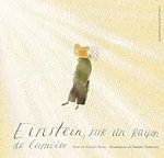 Couverture du livre 'Einstein, sur un pays de lumière', illustrée par une silhouette d'enfant avec un chapeau, se tenant sous un ciel lumineux.