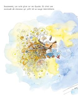 Illustration colorée d'un personnage avec une cascade de cheveux flottants, entouré de motifs lumineux et d'un fond bleu et jaune, évoquant un rêve ou un monde imaginaire.
