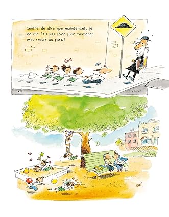Illustration humoristique d'un homme en train de traverser la rue avec des enfants jouant autour, accompagné de la phrase 'Inutile de dire que maintenant, je ne me fais pas prier pour emmener mes sœurs au parc!'