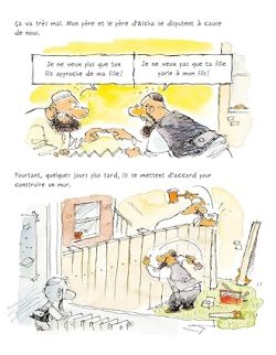 Une bande dessinée montrant un dialogue entre deux pères, discutant de leurs enfants, avec des images humoristiques de construction.