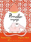 Couverture de livre avec un éléphant rose nommé Pomelo, sur fond orange à motifs géométriques, accompagné du titre 'Pomelo voyage'.