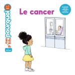 Un livre pour enfants avec le titre 'Le cancer', montrant une petite fille regardant à travers une fenêtre vers une personne à l'intérieur.
