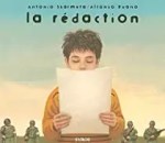 Un garçon tenant une feuille de papier, avec des soldats en arrière-plan, illustration de la couverture d'un livre intitulé 'la rédaction'.
