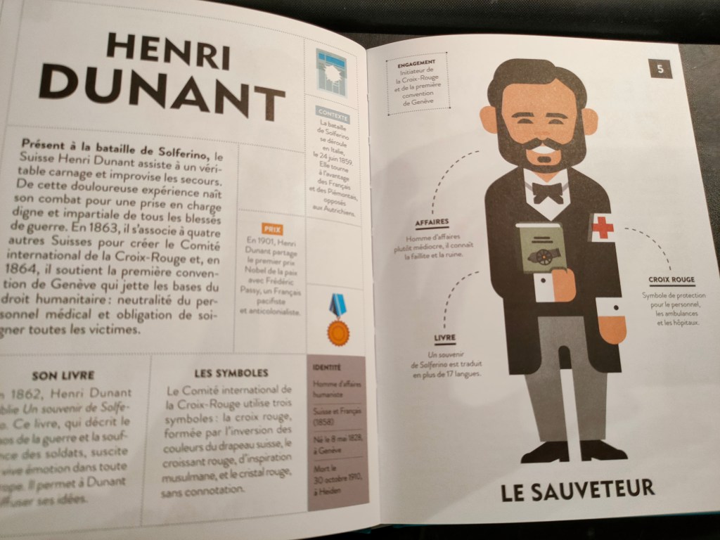 Page sur Henri Dunant, fondateur de la Croix-Rouge, illustrant son engagement humanitaire et son rôle lors de la bataille de Solferino. Comprend des informations sur son livre et les symboles de la Croix-Rouge.