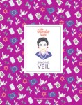 Couverture d'un livre illustré sur Simone Veil, avec un arrière-plan violet et des motifs colorés.