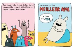 Illustration colorée avec des créatures amusantes sur la gauche, discutant de l'importance de l'acceptation de son corps, et un personnage sur la droite, affirmant que son corps est son meilleur ami.