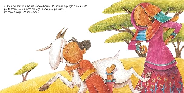 Une illustration colorée représentant un enfant en train de câliner une chèvre, tandis qu'une femme souriante, vêtue d'un vêtement traditionnel, les regarde, dans un paysage ensoleillé avec des arbres au loin.
