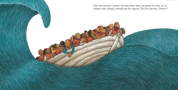 Une illustration représentant un groupe de personnes sur un bateau vulnérable, luttant contre une grande vague, évoquant des thèmes de lutte et de perte.