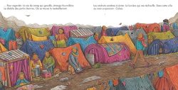 Un paysage de tentes colorées dans un camp de réfugiés, avec des personnes se déplaçant entre elles.