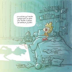 Un enfant assis sur son lit dans une chambre en désordre, avec des jouets éparpillés et une ombre projetée au sol, exprimant un souhait de devenir heureux.