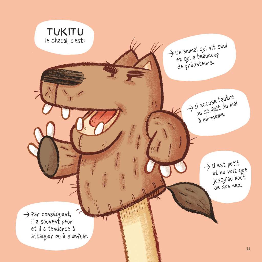 Image d'un personnage de chacal nommé Tukitu, avec un visage souriant et un corps en bois. Des bulles de dialogue décrivent ses traits de caractère.