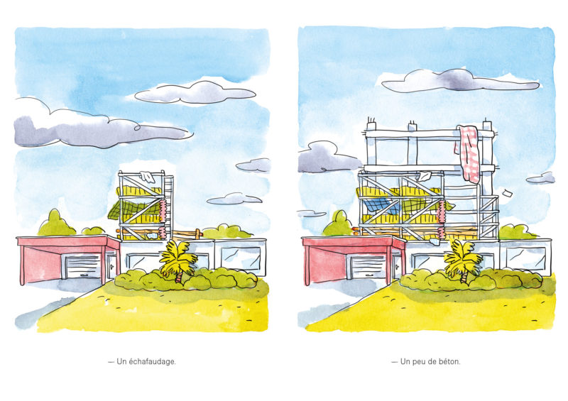 Deux illustrations d'un bâtiment en cours de construction, une avec un échafaudage, l'autre avec du béton.