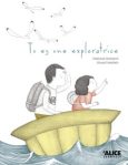 Illustration de deux enfants dans un petit bateau sur l'eau, avec des oiseaux volant au-dessus d'eux.