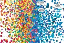 Une illustration colorée présentant des taches de peinture de différentes couleurs, avec des bulles de dialogue en haut.