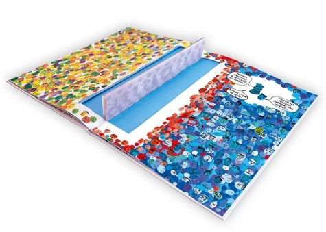 Une image d'un livre ouvert avec des illustrations colorées et des personnages divers, répartis entre des zones rouges et bleues.