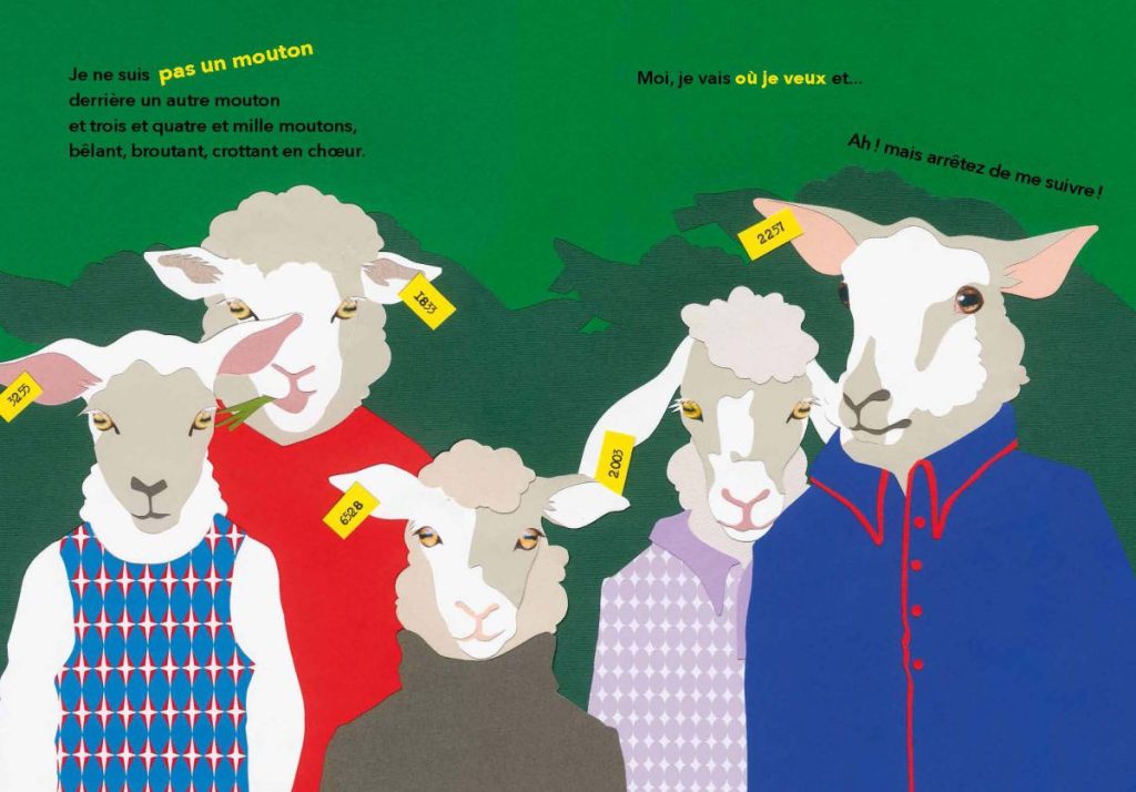 Illustration colorée de plusieurs moutons avec des étiquettes numérotées sur leurs oreilles. Un mouton portant un pull à motifs, un autre avec un t-shirt rouge, tous se tenant devant un fond vert.