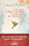 Couverture du livre 'Cinq cœurs en sursis' de Laure Manel, avec un fond aux teintes douces et un oiseau.