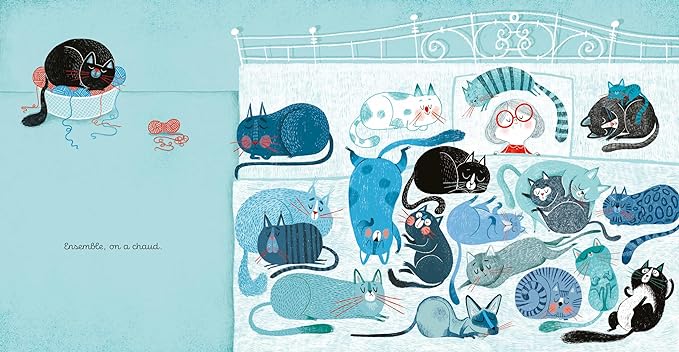 Une illustration colorée d'un lit rempli de chats de différentes tailles et couleurs, avec un chat noir assis sur un rouleau de fil à tricoter.