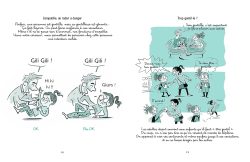 Illustration montrant des personnages comiques dans des situations humoristiques avec des bulles de dialogue, tirée d'un livre pour enfants.