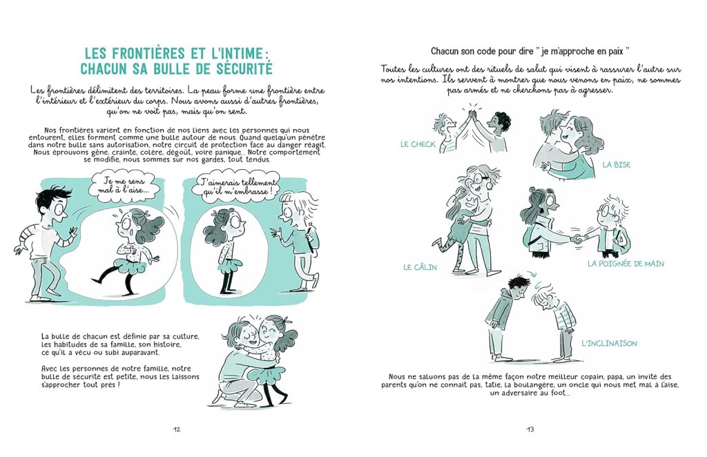 Une illustration sur les frontières personnelles et les différents codes culturels pour établir un contact physique, incluant des gestes comme le check, la bise, le câlin, la poignée de main et l'inclinaison.