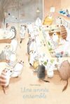 Une illustration montrant des animaux assis autour d'une grande table, partageant un repas ensemble dans une ambiance chaleureuse.