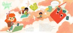 Illustration colorée représentant des enfants voyageant dans les nuages avec des bagages et des objets amusants.