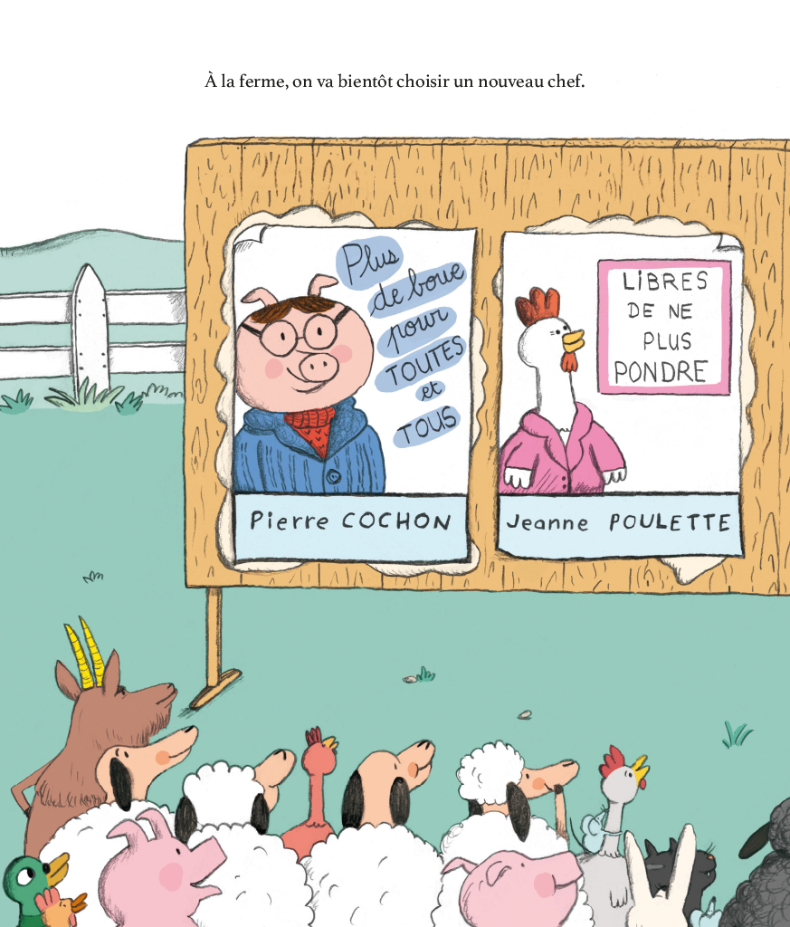 Une scène de ferme où des animaux attendent pour voter entre deux candidats affichés sur un panneau, Pierre Cochon et Jeanne Poulette.