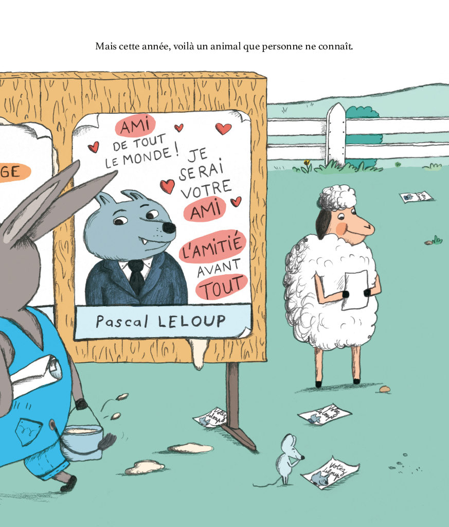 Une scène illustrée avec un panneau de campagne où un loup en costume présente son slogan amical, entouré d'un lapin et d'un mouton, dans un environnement rural.