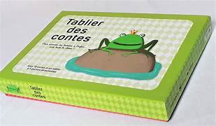 Boîte de jeu intitulée 'Tablier des contes' avec une image de grenouille sur un rocher.