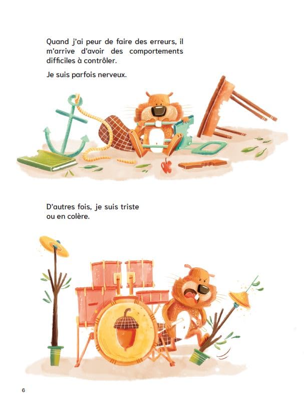 Une illustration d'un personnage animal qui semble stressé, entouré d'objets en désordre, avec des éléments comme des instruments de musique et des plantes. Le personnage montre des émotions de nervosité et de frustration.