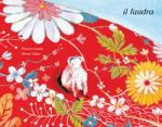 Illustration colorée sur fond rouge, avec des fleurs et un petit animal blanc au centre, intitulée 'il louvra'.