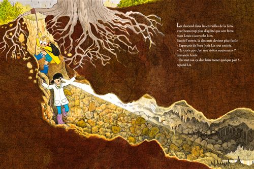Trois personnages explorent une cavité sous un arbre, discutant de ce qui se trouve dans la terre, avec des racines visibles et des rochers autour.