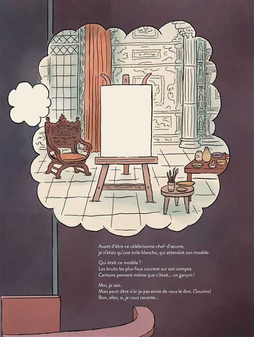 Un espace de peintre avec une toile blanche sur un chevalet, une chaise ornée, une table avec des pinceaux et des pots, et des murs décorés.