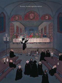 Une illustration représentant une scène historique dans une salle avec des personnages en habits d'époque, regardant un artiste en train de peindre un tableau au-dessus d'une grande table.