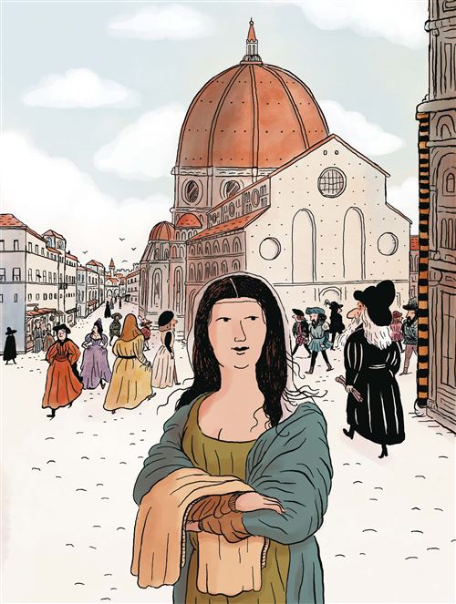 Une illustration colorée de la Piazza del Duomo à Florence, avec des personnages habillés en vêtements de la Renaissance, dont une femme au premier plan tenant un tissu, devant une grande cathédrale à coupole.
