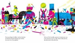 Illustration colorée représentant une scène urbaine animée avec des personnages historiques, des monuments célèbres et des éléments graphiques modernes, évoquant la diversité et la créativité.